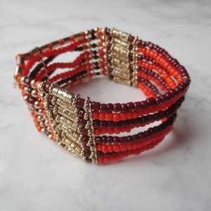Orange Burgundy Red and Gold Summer Stretch Bracelet